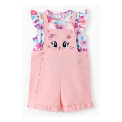 Toddler Girl 2pcs Floral Print Tee and Rabbit Overalls Set