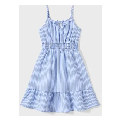 Family Matching Blue Stripe Panel Polo Shirt and Tie Neck Shirred Waist Stripe Strap Dress Sets