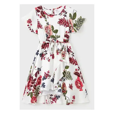 Mommy and Me Ruffle Trim Belted Floral High-Low Wrap Bottom Dress