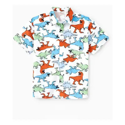 Family Matching Sets Colorful Dinosaur Pattern Shirt or Button Decor Elastic Waist Ruffle Hem Dr