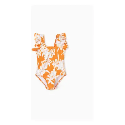 Family Matching Orange Floral Drawstring Swim Trunks or Cross Front Drawstring Sides One-Piece S