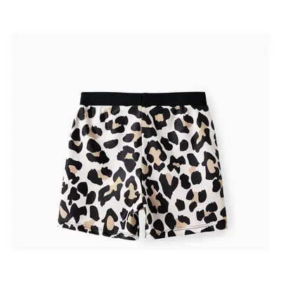 Family Matching Leopard Pattern Drawstring Swim Trunks or Ruffle Neck Two-Piece Bikini with Opti