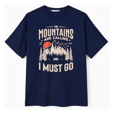 Quick-Dry Family Matching Mountain Graphic Slogan Print Oversize Tee or Flowy Strap Dress with P