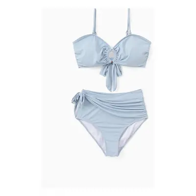 UPF50+ Family Matching Swimsuits Blue Drawstring Swim Trunks or Circle Ring Ruched Knot Side Bik