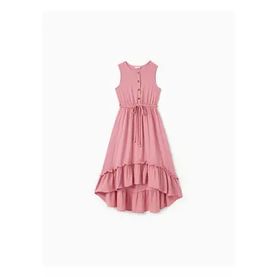 Mommy and Me Matching Pink Button Up Belted Ruffle Trim High-Low Dresses