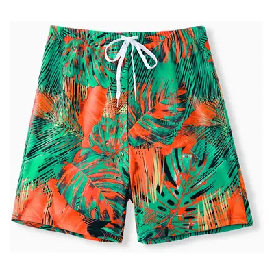 Family Matching Tropical Leaf Printed One-Piece Swimwear or Drawstring Swim Trunks