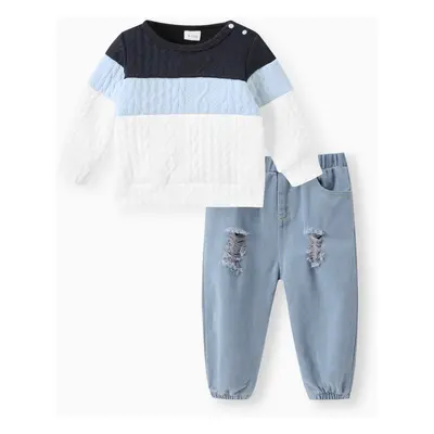 2pcs Baby Boy 95% Cotton Ripped Jeans and Textured Colorblock Long-sleeve Sweatshirt Set