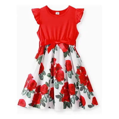 Kid Girl Floral Print Splice Belted Flutter-sleeve Dress