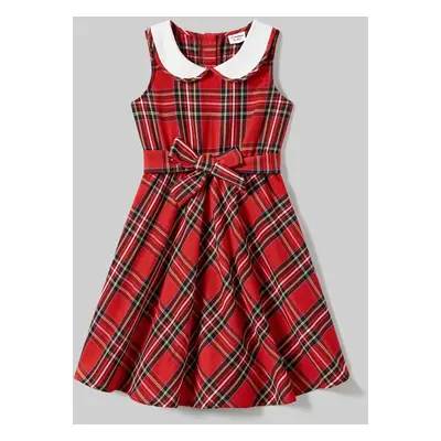 Christmas Family Matching Plaid Tops and Sleeveless Belted Dresses Sets