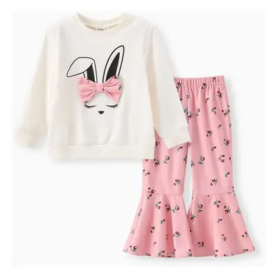 Toddler Girl 2pcs Rabbit Print Sweatshirt and Floral Flared Pants Set