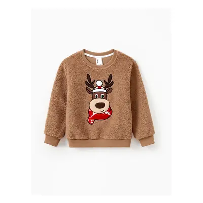 Brown Reindeer Sweatshirts Fluffy Sherpa Fleece Long Sleeves Tops