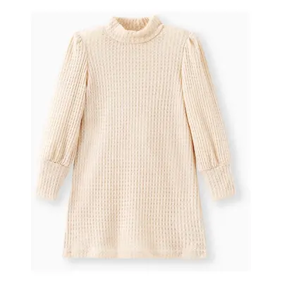 Toddler Girl Solid Color Mock Neck Waffle Long Puff-sleeve Dress