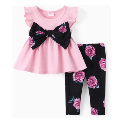 2pcs Baby/Toddler Girl Sweet Bowknot Flutter-sleeve Top and Floral Print Leggings Set