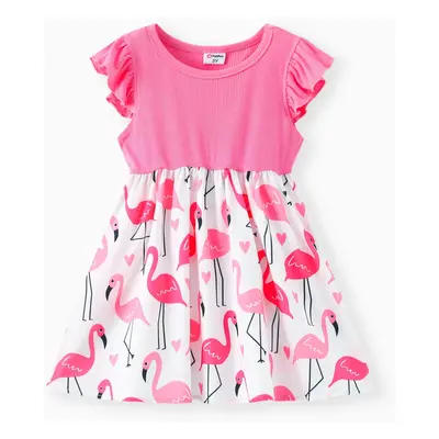 Toddler Girl Ribbed Flamingo Allover Ruffle Decor Flutter-sleeve Dress