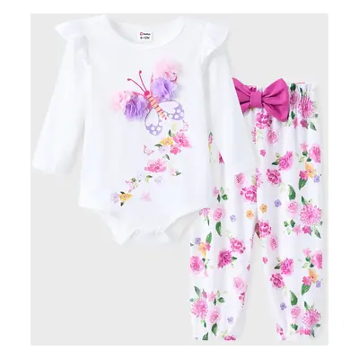 Baby Girl 3pcs Floral Print Romper and Pants with Headband Set