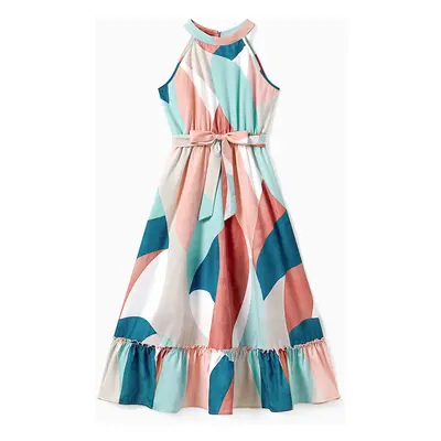 Mommy and Me Multi-Color High Neck Halter Ruffle Hem Belted Dress