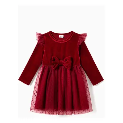 Christmas Family Matching Long Sleeve Color-block Tops & Velvet Dresses Sets