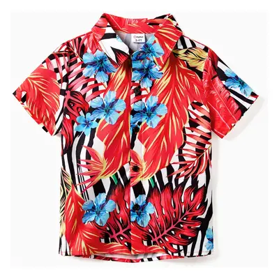 Family Matching Red Leaf Print Zebra Stripe Beach Shirt and High Neck Halter Belted Dress Sets