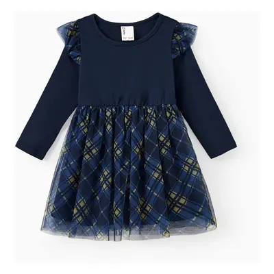 Mommy and Me Blue Co-ord Sets Long Sleeves Top and Plaid Mesh Tulle Skirt