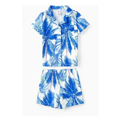 Family Matching Button Up Tropical Leaf Pattern Vacation Pajamas