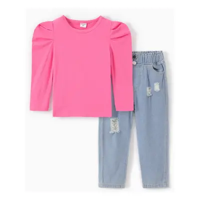 2pcs Toddler Girl Ruched Long-sleeve Top and Ripped Jeans Set