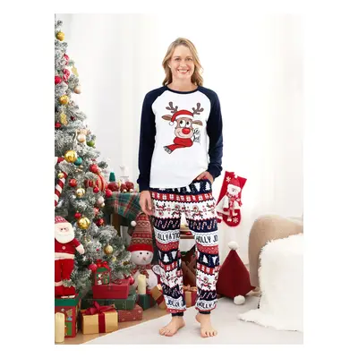 Christmas Family Matching Raglan Sleeves Red Nose Reindeer Pajamas Sets with Drawstring and Pock