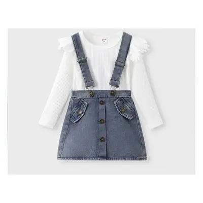 Toddler Girl 2pcs Flutter Sleeve Tee and Denim Overalls Set