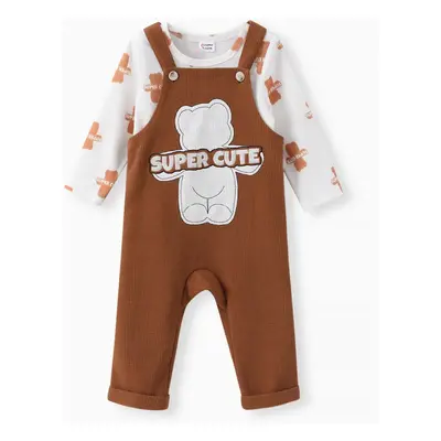 Baby Girl 2pcs Bear Style Printed Tee and Embroidered Overalls Set