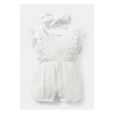 2pcs Baby Girl 95% Cotton Lace Flutter-sleeve Romper with Headband Set