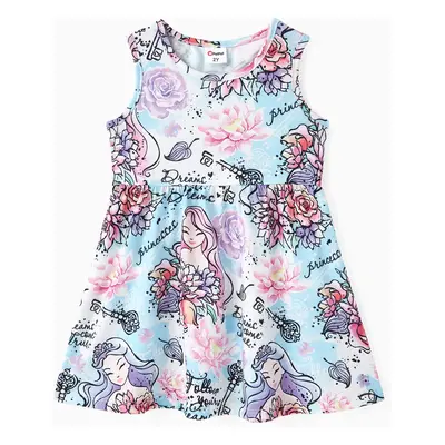 Toddler Girl Character＆Floral Pattern Sleeveless Dress=