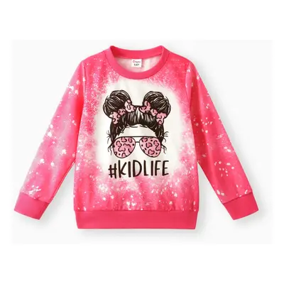 Kid Girl Cartoon Tie Dyed/ Leopard Print Pullover Sweatshirt