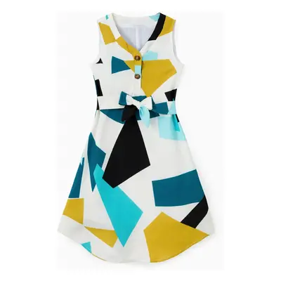 Family Matching Sets Color Block Tee or Geometric Pattern V-Neck Button Sleeveless Belted Dress