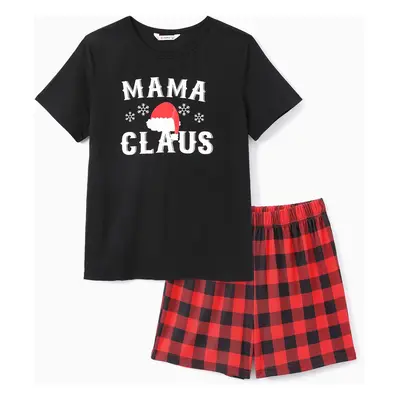 Christmas Hat and Letter Print Black Family Matching Short-sleeve Plaid Pajamas Sets