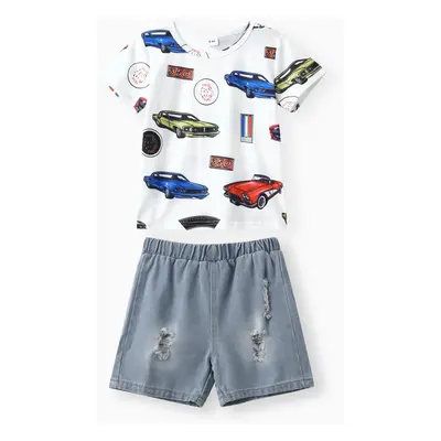 2pcs Toddler Boy Car Print Short-sleeve Tee and Ripped Denim Shorts Set