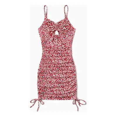 All Over Red Floral Print Spaghetti Strap Drawstring Ruched Bodycon Dress for Mom and Me