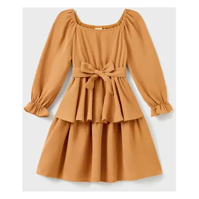 Family Matching Long Sleeves Polo Shirt or Puff Sleeves Square Neck Ruffle Hem Tiered Dress