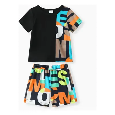 2pcs Baby Boy 95% Cotton Short-sleeve Letter Print Black Splicing T-shirt and Shorts Set