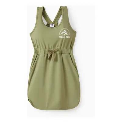 Quick-Dry Mommy and Me Olive Green Sleeveless Stay Wild Mountain Graphic Drawstring Dress