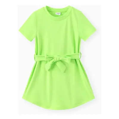 Toddler Girl Solid Curved Hem Short-sleeve Belted Dress