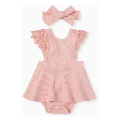 2pcs Baby Girl 95% Cotton Lace Flutter-sleeve Solid Ribbed Romper with Headband Set