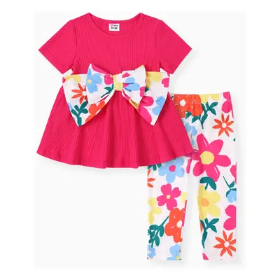 Baby Girl 2pcs Bowknot Design Tee and Floral Print Leggings Set