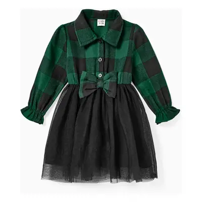 Family Matching Sets Green Plaid Long Sleeves Shirt or Tulle Mesh Dress