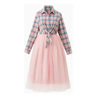 Family Matching Pink Plaid Sets Long Sleeves Shirt or Tulle Mesh Dress