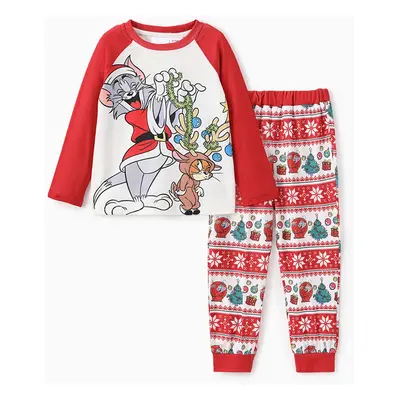 Tom and Jerry Family matching Christmas Tree Character Pattern Colorblock Pajama Set (Flame Resi