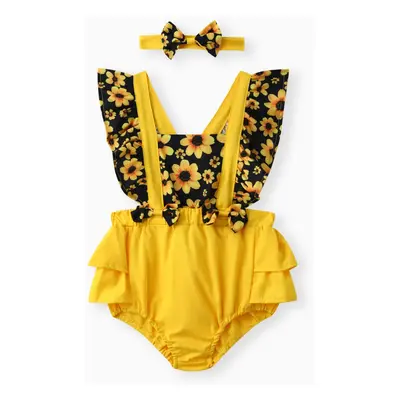 2pcs Baby Girl Sunflower Floral Print Splice Yellow Layered Sleeveless Ruffle Romper with Headba