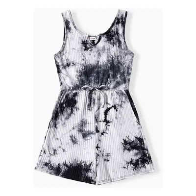 Mommy and Me Black and white Tie-dyed Drawstring Romper