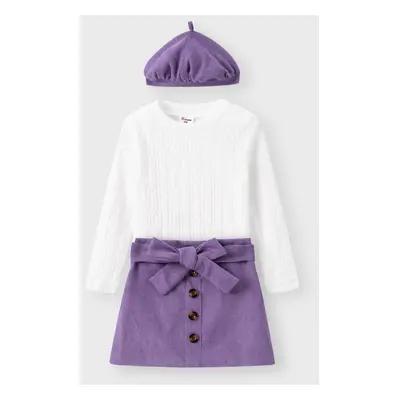 3pcs Toddler Girl Cable Knit Top & Belted Skirt & Hat Set