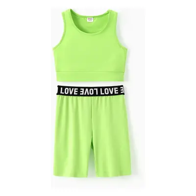 2pcs Kid Girl Solid Color Tank Top and Letter Print Shorts Sporty Set