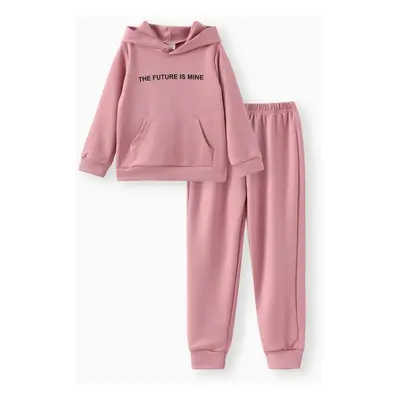 2pcs Kid Girl Letter Print Pocket Design Hoodie Sweatshirt and Elasticized Pants Set