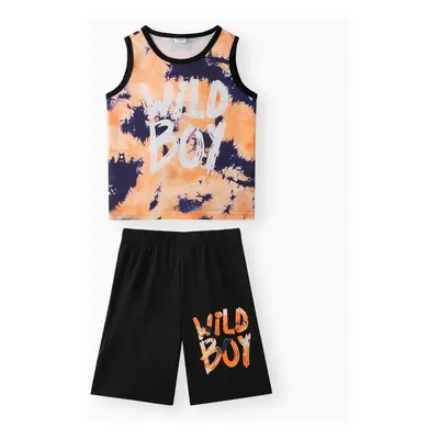 2Pcs Kid Boy Tie Dye Letter Print Tank Top & Shorts Set